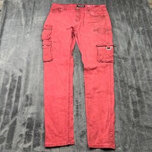Serenede Mens Fitted Cargo Pants Red Wash Utility Streetwear Size 36